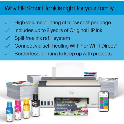 HP Smart-Tank 5000 Wireless All-in-One Ink-Tank Printer with up to 2 years of ink included, mobile print, scan, copy, white, 17.11 x 14.23 x 6.19