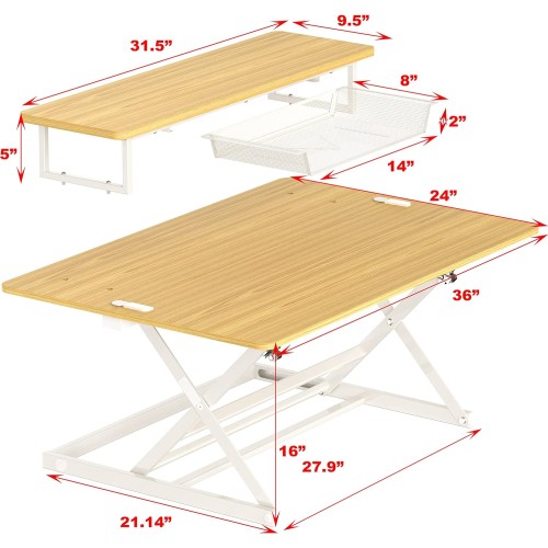 SHW 36-Inch Over Desk Height Adjustable Standing Desk With Monitor Riser, Oak