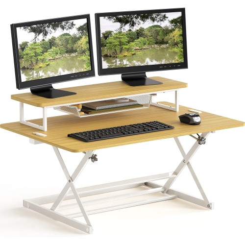 SHW 36-Inch Over Desk Height Adjustable Standing Desk With Monitor Riser, Oak