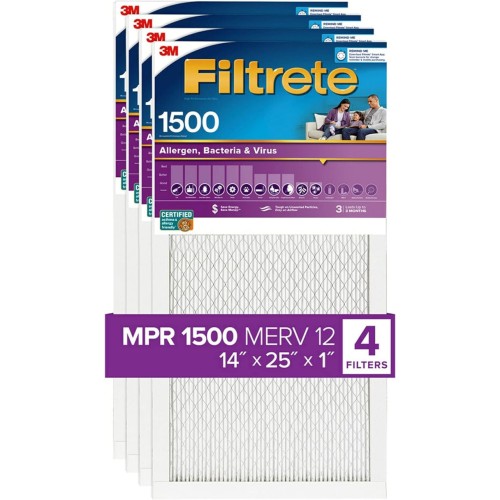 Filtrete 14x25x1 Air Filter, MPR 1500, MERV 12, Healthy Living Ultra-Allergen 3-Month Pleated 1-Inch Air Filters, 4 Filters