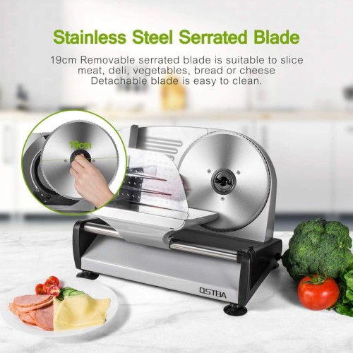 OSTBA SL-518 Electric Deli Food Slicer with Child Lock Protection, Removable 19cm Stainless Steel Blade and Food Carriage, 0-15mm Adjustable Thickness Food Slicer Machine for Meat, Cheese, Bread,150W