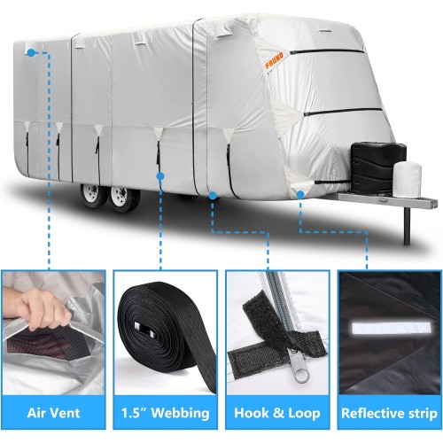 FRUNO Oxford Cloth Travel Trailer RV Cover 24'-27' Waterproof Rip-Resistant Anti-UV Camper Cover for Winter Snow with Jack Cover 4 Tire Covers and Gutter Covers