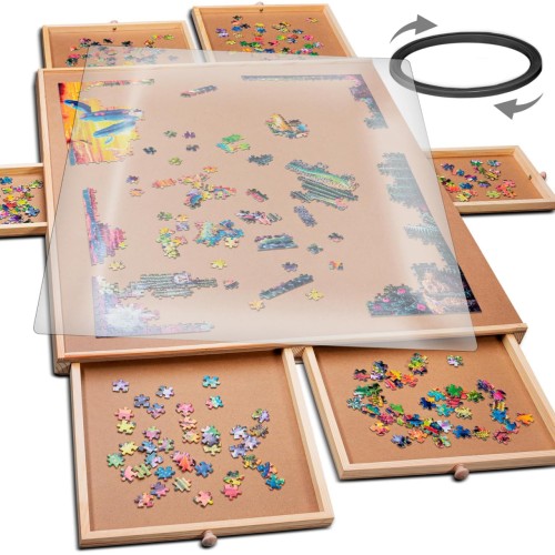 1500 Piece Rotating Wooden Jigsaw Puzzle Table - 6 Drawers, Puzzle Board with Puzzle Cover | 27” X 35” Jigsaw Puzzle Board Portable - Portable Puzzle Table