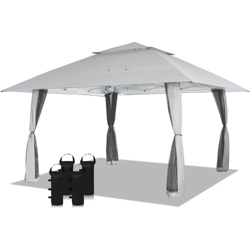 CROWN SHADES 13X13 Outdoor Pop Up Gazebo Base 10X10 Patio Gazebos Patented Center Lock Quick Setup Newly Designed Storage Bag Instant Canopy Tent with Mosquito Nettings(13x13, Grey)