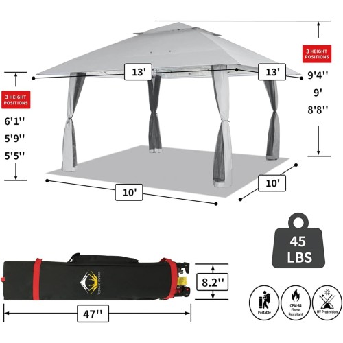 CROWN SHADES 13X13 Outdoor Pop Up Gazebo Base 10X10 Patio Gazebos Patented Center Lock Quick Setup Newly Designed Storage Bag Instant Canopy Tent with Mosquito Nettings(13x13, Grey)