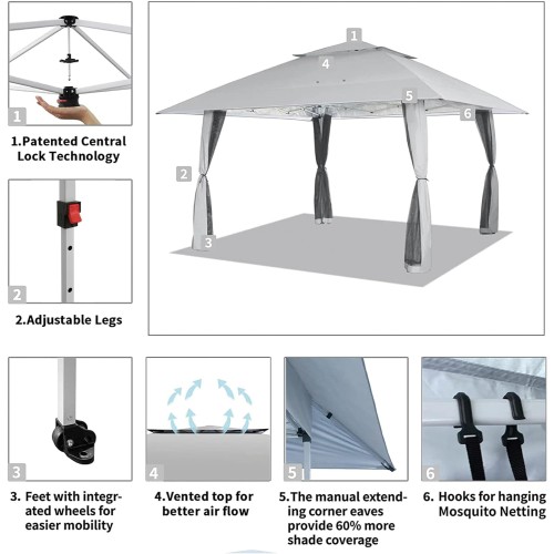 CROWN SHADES 13X13 Outdoor Pop Up Gazebo Base 10X10 Patio Gazebos Patented Center Lock Quick Setup Newly Designed Storage Bag Instant Canopy Tent with Mosquito Nettings(13x13, Grey)