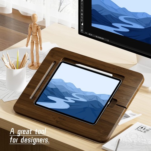 AFOOYO Bamboo iPad Drawing Stand Tablet Stand - Portable & Adjustable 5 Angles for Laptop, Laptop Stand Riser,Book Reading Stand,Compatible with 12.9 inch iPad Pro-3rd - 6th Gen(Walnut Varnish)