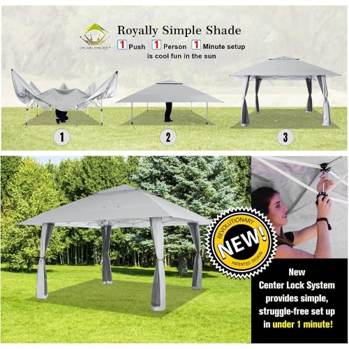 CROWN SHADES 13X13 Outdoor Pop Up Gazebo Base 10X10 Patio Gazebos Patented Center Lock Quick Setup Newly Designed Storage Bag Instant Canopy Tent with Mosquito Nettings(13x13, Grey)