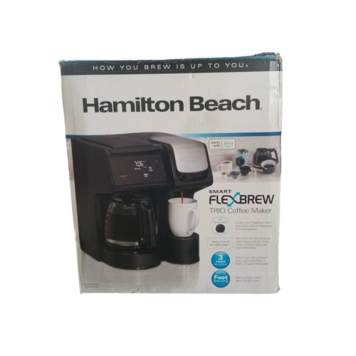 Hamilton Beach FlexBrew Trio 2-Way Coffee Maker, Compatible with K-Cup Pods or Grounds, Combination Single Serve & Full 12c Carafe, Removable Reservoir, Fast Brewing, Works with Alexa, Black