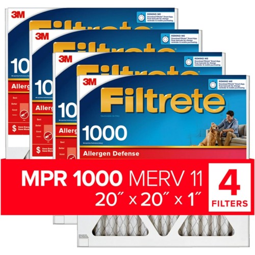 Filtrete 20x20x1 Air Filter, MPR 1000, MERV 11, Micro Allergen Defense 3-Month Pleated 1-Inch Air Filters, 4 Filters