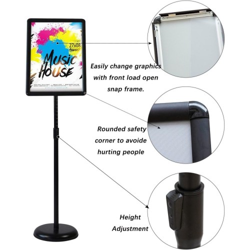 Adjustable Sign Holder Standing Floor Sign Stand for 8.5x11 inches,Both Vertical & Horizontal View Displayed,Snap-Open Frame with Safety Corner for School Church Business Show,Black