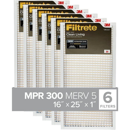 Filtrete 16x25x1 Air Filter, MPR 300, MERV 5, Clean Living Basic Dust 3-Month Pleated 1-Inch Air Filters, (Pack of 6)