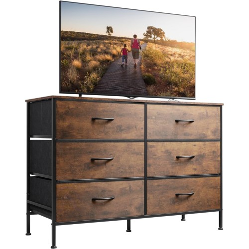 WLIVE Wide Dresser with 6 Drawers, TV Stand for 50" TV, Entertainment Center with Metal Frame, Wooden Top, Fabric Storage Dresser for Bedroom, Hallway, Entryway, Rustic Brown Wood Grain Print