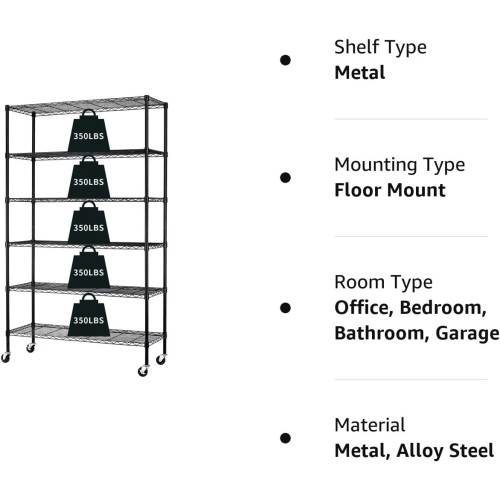 6-Tier Storage Shelf Heavy Duty Shelving Unit NSF Height Adjustable Metal Rack with Wheels for Laundry Bathroom Kitchen Garage Pantry Organization 2100 LBS Capacity-82*48*18 inch, (Black)