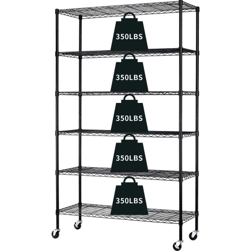 6-Tier Storage Shelf Heavy Duty Shelving Unit NSF Height Adjustable Metal Rack with Wheels for Laundry Bathroom Kitchen Garage Pantry Organization 2100 LBS Capacity-82*48*18 inch, (Black)