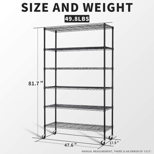 6-Tier Storage Shelf Heavy Duty Shelving Unit NSF Height Adjustable Metal Rack with Wheels for Laundry Bathroom Kitchen Garage Pantry Organization 2100 LBS Capacity-82*48*18 inch, (Black)