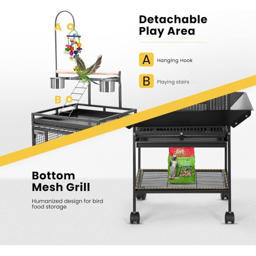 VIVOHOME 72 Inch Wrought Iron Large Bird Cage with Play Top and Stand for Parrots Lovebird Cockatiel Parakeets Black