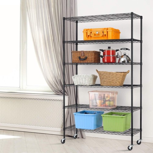 6-Tier Storage Shelf Heavy Duty Shelving Unit NSF Height Adjustable Metal Rack with Wheels for Laundry Bathroom Kitchen Garage Pantry Organization 2100 LBS Capacity-82*48*18 inch, (Black)