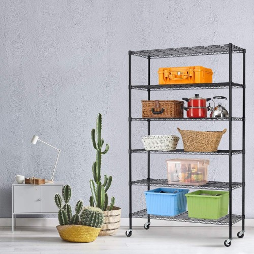 6-Tier Storage Shelf Heavy Duty Shelving Unit NSF Height Adjustable Metal Rack with Wheels for Laundry Bathroom Kitchen Garage Pantry Organization 2100 LBS Capacity-82*48*18 inch, (Black)