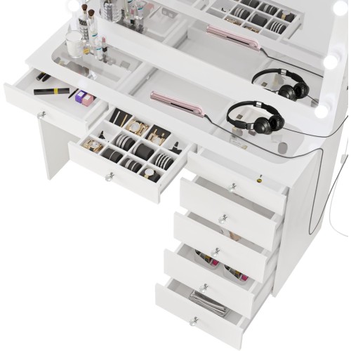 Boahaus Serena Modern Makeup Vanity with Lights, 7 Drawers, Vanity Mirror, Glass Top Vanity, Crystal Ball, New Built-in Lights Version - White Vanity Makeup Desk Version for Bedroom