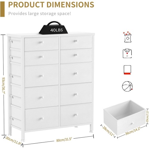 BOLUO White Dresser for Bedroom 10 Drawer Dressers & Chests of Drawers Tall Fabric Storage Tower with Drawer Organizers for Closet Kids and Adult Modern