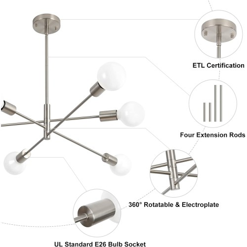 6-Light Nickel Sputnik Chandelier,Modern Silver Sputnik Light Fixture for Kitchen Island Living Room Dining Room Bedroom(95 Percent Assembled.), W003P-6SN