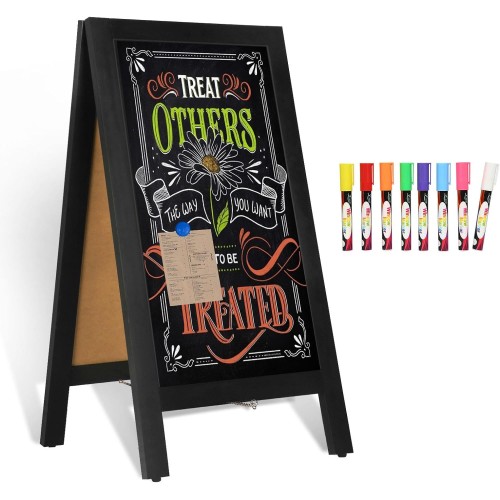 4 THOUGHT A-Frame Chalkboard 40" x 20", Chalk Board Sign Board Magnetic Sandwich Board Solid Pine Wood Freestanding Double-Sided Chalkboard Easel for Restaurant Cafe Shop Wedding Party, Black