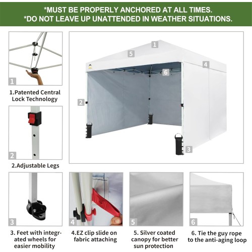 CROWN SHADES 10X10 Comercial Instant Canopy Pop Up Tent with Center Lock (10x10 with 4 Sidewalls, White)