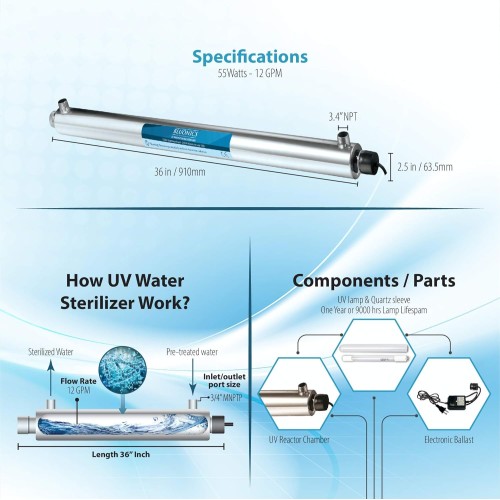 UV Water Filter Sterilizer Whole House Purifier System 110W Ultraviolet Light Lamp, 110V, 24GPM Flow Rate, 1 inch NPT Inlet Outlet Purification by Bluonics