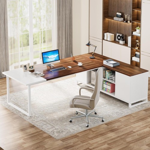 Tribesigns 70.8" L-Shaped Executive Desk with 55" File Cabinet, Large Home Office Computer Desk with Storage Shelves and Cabinet, Modern Business Furniture Set Home Office, Walnut White