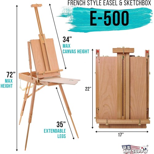 Coronado Large Wooden French Style Field & Studio Sketchbox Easel with Artist Drawer, Palette, Premium Beechwood - Adjustable Wood Tripod Easel Stand