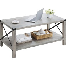 2-Tier Coffee Table, Modern Farmhouse Coffee Table with Storage Rectangle Cocktail Tea Tables Wood Living Room Table with Shelf for Home Office - Grey