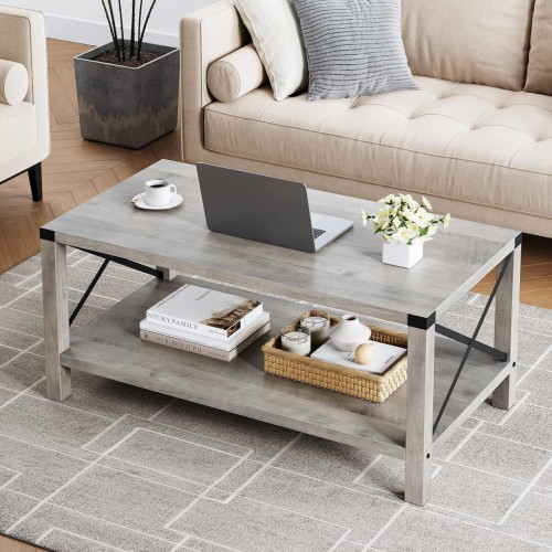 2-Tier Coffee Table, Modern Farmhouse Coffee Table with Storage Rectangle Cocktail Tea Tables Wood Living Room Table with Shelf for Home Office - Grey