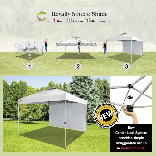 CROWN SHADES 10X10 Comercial Instant Canopy Pop Up Tent with Center Lock (10x10 with 4 Sidewalls, White)