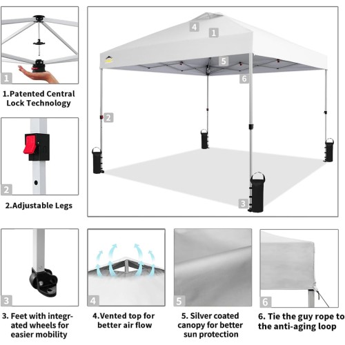 Crown Shades 10x10 Pop up Canopy Outside Canopy, Patented One Push Tent Canopy with Wheeled Carry Bag, Bonus 8 Stakes and 4 Ropes, White