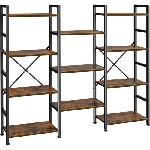 SUPERJARE Triple 4 Tier Bookshelf, Bookcase with 11 Open Display Shelves, Wide Book Shelf Book Case for Home & Office, Rustic Brown