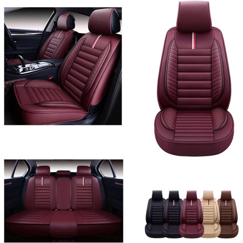 OASIS AUTO Car Seat Covers Premium Waterproof Faux Leather Cushion Universal Accessories Fit SUV Truck Sedan Automotive Vehicle Auto Interior Protector Full Set (OS-001 Burgundy)