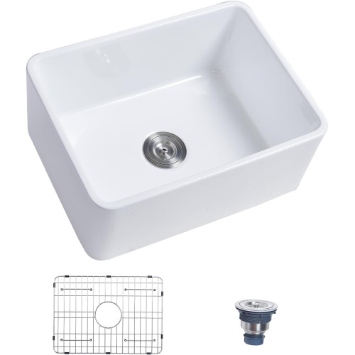 24 Inch Fireclay Farmhouse Sink, Apron-front Small White Farmhouse Kitchen Sink, Single Bowl Deep Undermount Ceramic Farm Sink with Custom Bottom Grid & Strainer Drain