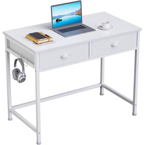 Furologee White Small Computer Desk with 2 Fabric Drawers, Simple Home Office Writing Desk, Vanity Desk with Hooks, Study Desk for Bedroom Small Spaces