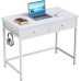 Furologee White Small Computer Desk with 2 Fabric Drawers, Simple Home Office Writing Desk, Vanity Desk with Hooks, Study Desk for Bedroom Small Spaces