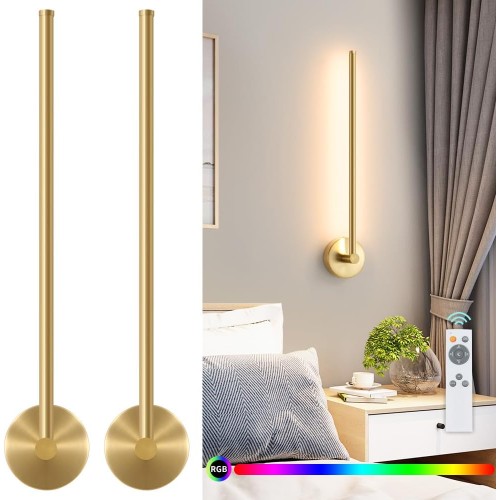 Remote Control Dimmable Modern Wall Sconce Set of Two, Multicolor, DIY 350° Rotate, Memory Function, Cordless Wall Light for Bedroom, Living Room, TV Wall and Game Room (Gold, 23.6 inches)