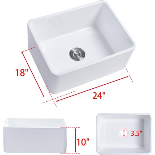 24 Inch Fireclay Farmhouse Sink, Apron-front Small White Farmhouse Kitchen Sink, Single Bowl Deep Undermount Ceramic Farm Sink with Custom Bottom Grid & Strainer Drain