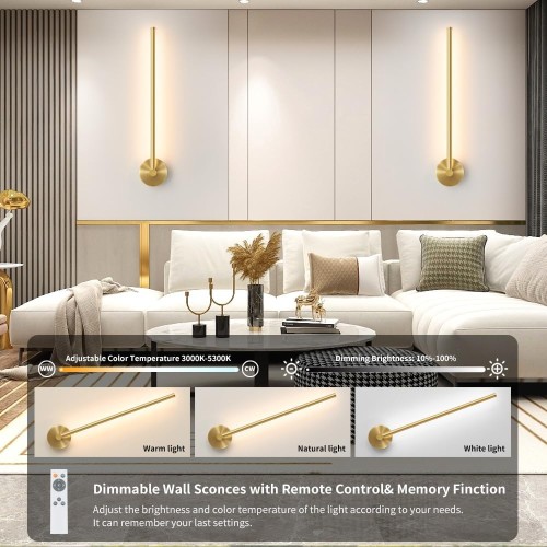 Remote Control Dimmable Modern Wall Sconce Set of Two, Multicolor, DIY 350° Rotate, Memory Function, Cordless Wall Light for Bedroom, Living Room, TV Wall and Game Room (Gold, 23.6 inches)