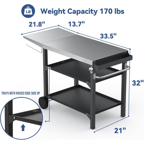 Skyflame Movable Outdoor Dining Cart Table, Three-Shelf Stainless Steel BBQ Grill Cart, Multifunctional Food Prep Flattop Worktable on Wheels for Kitchen, Pizza Oven, Patio Grilling Backyard