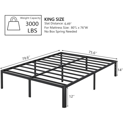 Riwanca 14 Inch King Size Bed Frame with Rounded Corners, No Box Spring Needed, Heavy Duty Black Metal Platform Mattress Foundation, Non-Slip Noise Free Easy Assembly, Under Bed Storage Space