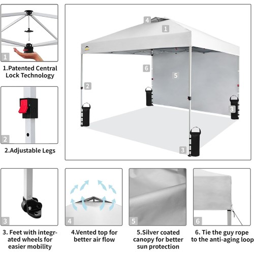 CROWN SHADES 10x10 Pop up Canopy Tent Instant Commercial with 150D Silver Coated Fabric Including 1 Removable Sidewall, 4 Ropes, 8 Stakes, Weight Bags, STO 'N Go Bag,  White