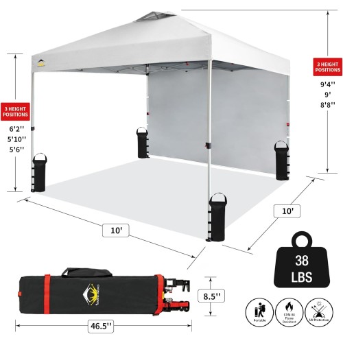 CROWN SHADES 10x10 Pop up Canopy Tent Instant Commercial with 150D Silver Coated Fabric Including 1 Removable Sidewall, 4 Ropes, 8 Stakes, Weight Bags, STO 'N Go Bag,  White