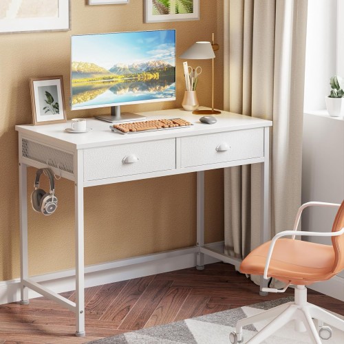 Furologee White Small Computer Desk with 2 Fabric Drawers, Simple Home Office Writing Desk, Vanity Desk with Hooks, Study Desk for Bedroom Small Spaces