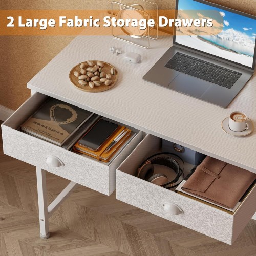 Furologee White Small Computer Desk with 2 Fabric Drawers, Simple Home Office Writing Desk, Vanity Desk with Hooks, Study Desk for Bedroom Small Spaces