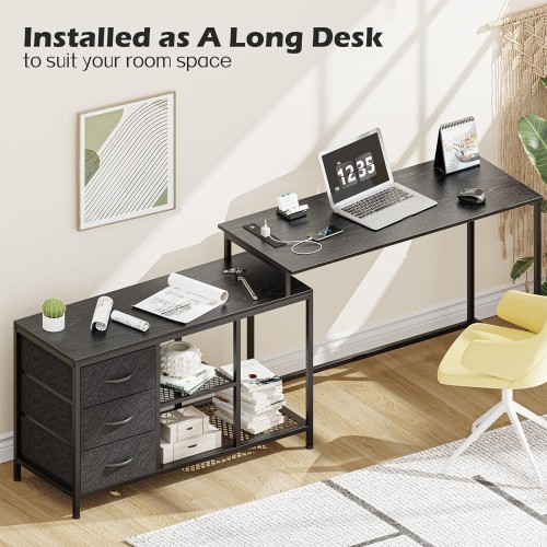 SUPERJARE L Shaped Desk with Power Outlets, Computer Desk with Drawers & Shelves, Corner Desk Gaming Desk Home Office Desk, Black